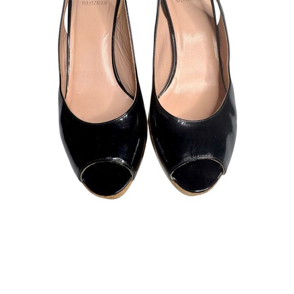 Stuart Weitzman black patent leather peep toe sling back wedges size 8.5 - Picture 13 of 14